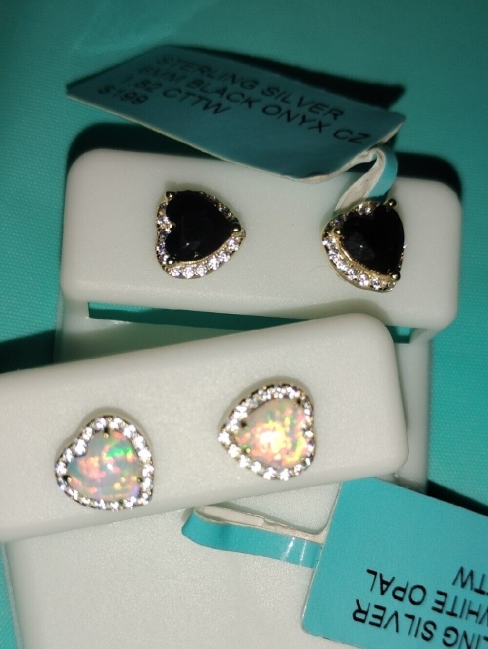 Sterling Silver Heart Stud Earrings - Black Onyx and White Opal Gold Over - Picture 4 of 4